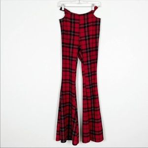 Just Polly  Red and Black Plaid Cut out Flare Leg Pants